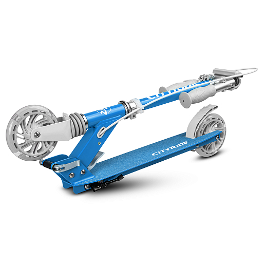 Двухколесный самокат CITY-RIDE 120, ал. 100%. Аморт. передний. Колеса PU 120/120 мм. Подшипники: Abec-9. Грипсы: резина. Хомуты анод, замок на руле. Ручной задний тормоз.Голубой. в Джамбо Тойз #4