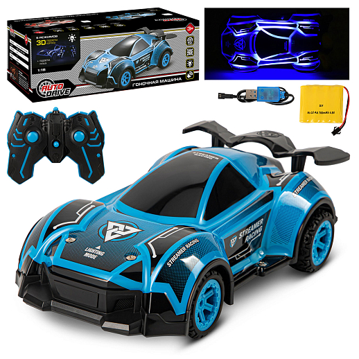 AUTODRIVE_Р/У гоночная машина,3D-подсветка корпуса/пульта,М1:16,2.4GHz,музыка, цвет синий,в/к 35*16*12,5см в Джамбо Тойз