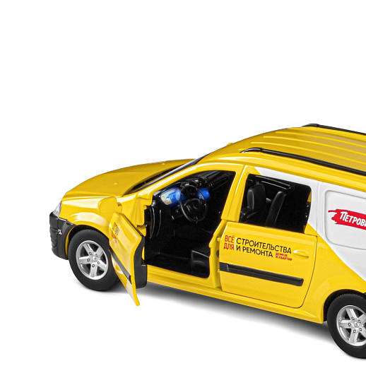 Машинка металлическая Автопанорама, инерционная, коллекционная модель LADA LARGUS, масштаб 1:24, "Петрович", свет, звук, открываются 4 двери, капот, багажник, желтый, в/к 24,5*12,5*10,5 см в Джамбо Тойз #13