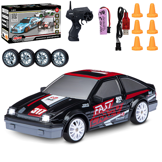 Машинка скоростная для дрифта на радиоуправлении AUTODRIVE, 1:24 2.4G, 4WD, 4 канала: вперед/назад, повороты, сменные шины, свет, с зарядкой, цвет черный, в/к 24,1х10,3х23,7 см в Джамбо Тойз