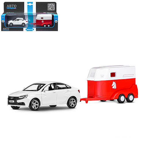 ТМ "Автопанорама" Машинка металлическая 1:43, LADA VESTA белая, откр. 2 двери., инерция + прицеп для лошади в Джамбо Тойз
