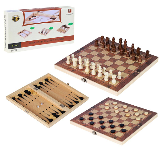 Настольная игра "3в1 - Шахматы, шашки, нарды", дерево, размер доски 29х29 см, в/к 29.7х15.3х4.5 см в Джамбо Тойз