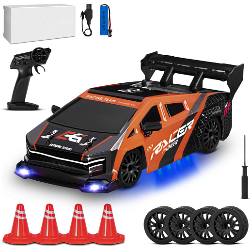 Р/у машина для дрифта 1:24,свет фар,подсветка днища,2 скорости,сменные шины 4шт,конусы 4шт, цвет оранжевый,в белой кор. 22*12,5*10,3см в Джамбо Тойз