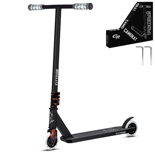 Трюковый самокат CITYRIDE, T-bar сталь 50*53см, дека алюм.48*10см, колеса PU 86A 100мм, пластик диск, вилка резьб., хомут 4б., цвет черный/огонь  в Джамбо Тойз