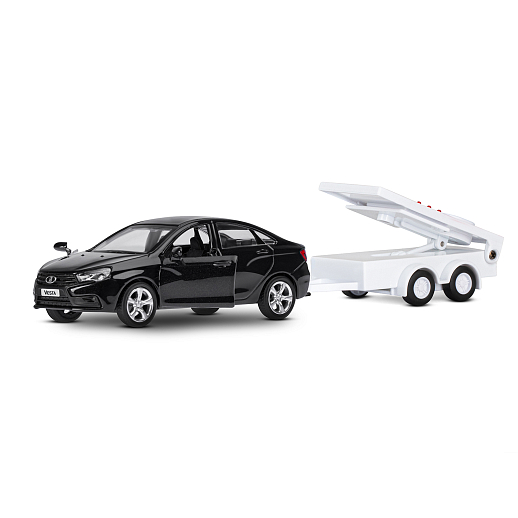 ТМ "Автопанорама" Машинка металлическая 1:43, LADA VESTA черная, откр. 2 двери., инерция + прицеп с дорожными знаками в Джамбо Тойз #6