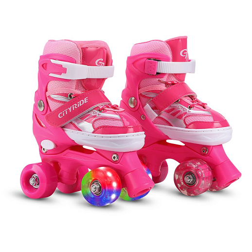 Комплект (ролики-квады, защита, шлем), передние колеса со светом, M размер (34-38),  цвет розовый в/к в Джамбо Тойз #5