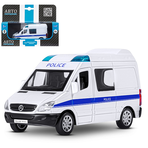 ТМ "Автопанорама" Машинка металлическая 1:53 Mercedes-Benz Sprinter, полиция, откр. двери, инерция, в/к 17,5*12,5*6,5 см в Джамбо Тойз