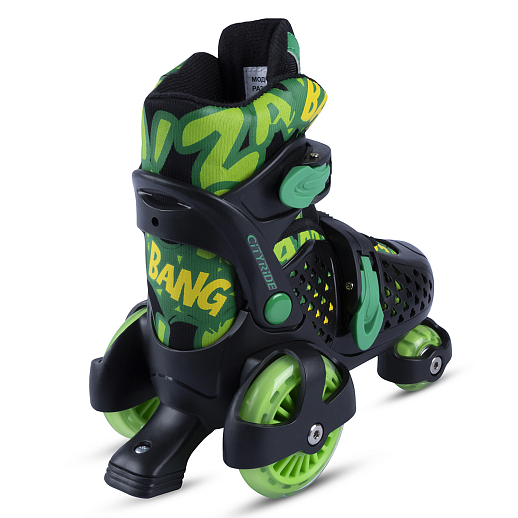 Набор CITYRIDE роликовые коньки-квады, шлем, защита, пластиковый мысок, колёса PU 80 и 40 мм, подшипники ABEC 5 углеродистая сталь, шлем белый пенополистирол, защита текстиль с пластиковыми накладками, 5 конусов в комплекте, вес до 40 кг, чёрный-зелёный, в н-сумке в Джамбо Тойз #4