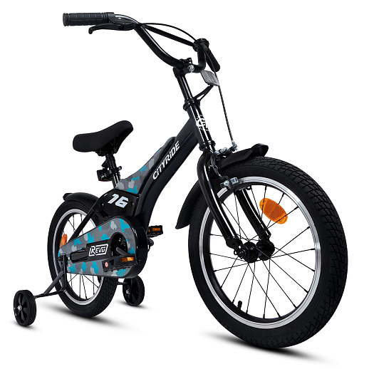 Детский велосипед "Cityride REVO" -рама сталь, кожух цепи 100%, диски алюм. 16, втулки сталь,  покрышки 2,125, страх. колеса, руль сталь. штем сталь, задние ножные тормоза, передний V-brake , звоночек, крылья пластик, отражатели пер/зад на спицах. в Джамбо Тойз #2