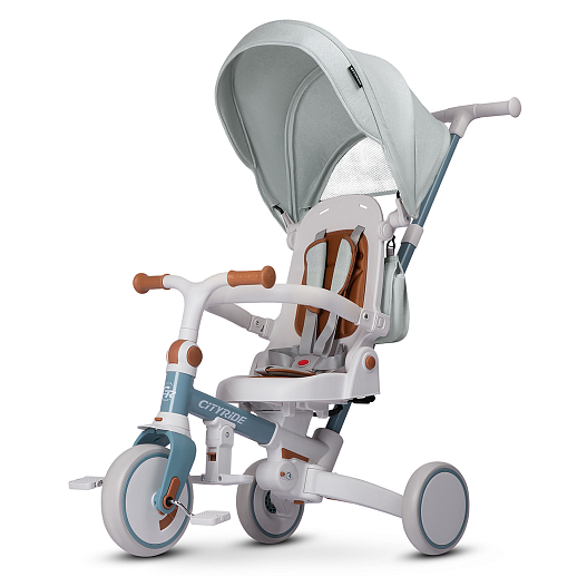 Детский трехколесный велосипед "CITYRIDE". Рама алюминий, может трансформироваться, подножки, колеса 8/7 EVA, капюшон, род. ручка, сине-серый в Джамбо Тойз #15