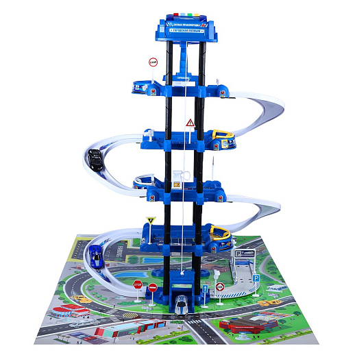 AUTODRIVE Парковка "Полиция" с автоматическим лифтом, светом,звуками,озвуч.на рус.языке. В компл: металлический транспорт 4шт., игровой коврик 78*58 см в Джамбо Тойз #6