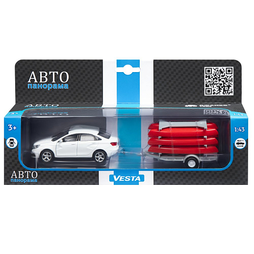 ТМ "Автопанорама" Машинка металлическая 1:43, LADA VESTA белая, откр. 2 двери., инерция + прицеп с лодками в Джамбо Тойз #4