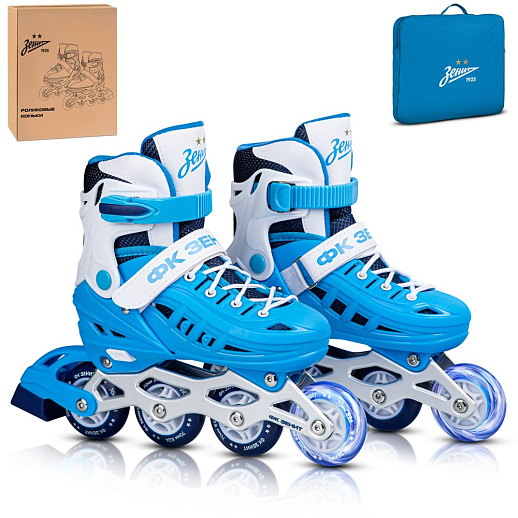 Роликовые коньки Зенит, голубой-белый, PU колеса, переднее колесо со светом, подшипники ABEC 7, пластиковый мысок, нейлоновая сумка, в/к 5сл гофрокартон в Джамбо Тойз