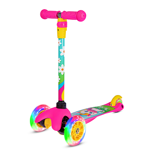 Трехколесный самокат "CITYRIDE" в/п, телескопический руль металл, колеса PU 120/76 со светодиодами, Abec-5, размер 53х23х70 см, до 35 кг, от 3 лет, розовый в Джамбо Тойз