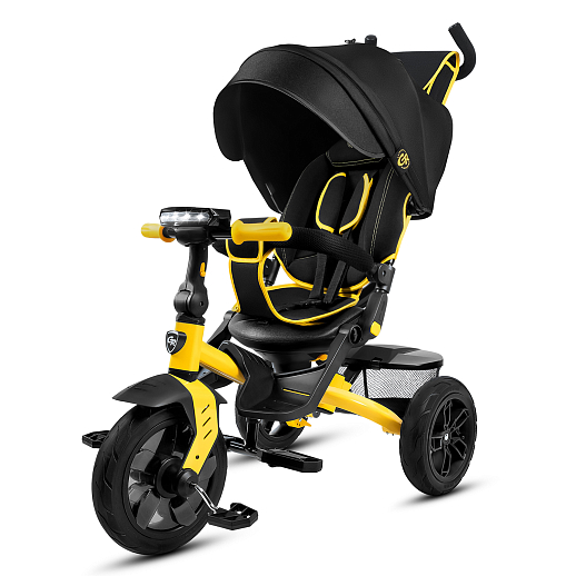 Детский трехколесный велосипед "CITYRIDE LUNAR 2.0". Пятиугольная рама, сиденье 360, складная крыша D600, подножки, надув.колеса 12/10, багажник, сумочка, фара. Цвет черно-желтый в Джамбо Тойз