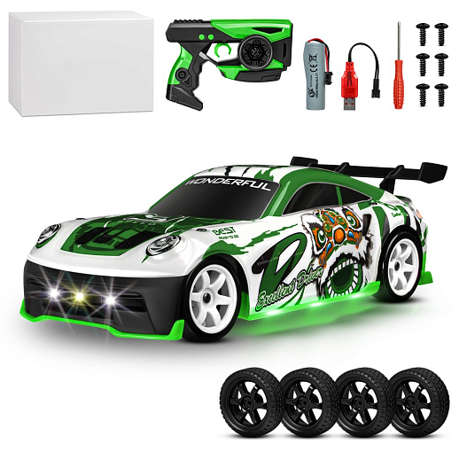 Р/у машина для дрифта,1:18, подсветка днища/фар, запасн. колеса, конусы,цвет белый с зелен.,с аккум, в бел.гофрокор. 34*20,5*17,5см в Джамбо Тойз