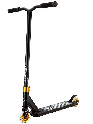 Трюковый самокат CITYRIDE SHOCK. Стальной руль 50х50 см, алюминиевая дека 50х10 см, алюминиевый хомут 2 болта, компрессия HIC. Колеса PU 100 мм, подшипник Abec-9, золото в Джамбо Тойз #6