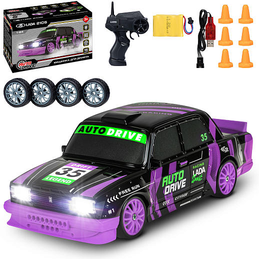 AUTODRIVE Р/У Машина для дрифта LADA 2105,М1:24,2.4GHz,4WD,свет фар,4 доп.колеса,конусы,с аккум.,цв. черн/фиол.,в/к 20,5*13*13см в Джамбо Тойз