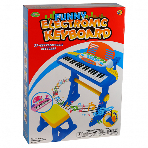 Детское электронное пианино на бат., в компл. микрофон, стул, свет. звук. эффект, цвет синий, в/к 60*43*12 см  в Джамбо Тойз