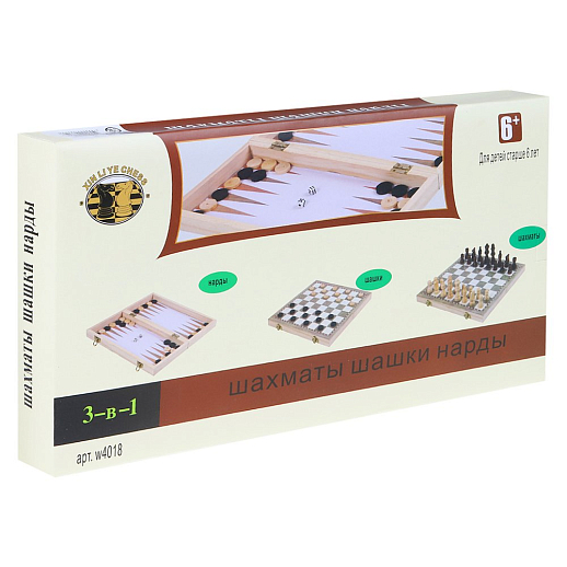 Настольная игра "3в1 - Шахматы, шашки, нарды", дерево, размер доски 39х39 см, в/к 39.7х20.3х4.5 см в Джамбо Тойз #2