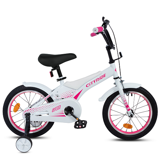 Детский велосипед "Cityride REVO", модель CR-B2-05, рама сталь, кожух цепи 100%, обода алюм. 16", втулки сталь, покрышки 2,125, страх. колеса, руль сталь. вынос сталь, задние ножные тормоза, передний клещевой, крылья пластик, отражатели пер/зад и на спицах, цвет белый розовый в Джамбо Тойз #4
