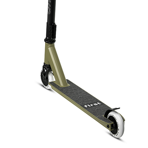 Трюковый самокат CITYRIDE FIRST, T-bar сталь 50*52см, дека алюм.49*9,5см, колеса PU 86A 100мм, пластик диск,  вилка резьб., хомут 4б., цвет Хаки в Джамбо Тойз #5