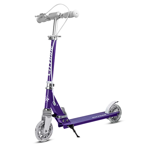 Двухколесный самокат CITY-RIDE 120, ал. 100%. Аморт. передний. Колеса PU 120/120 мм. Подшипники: Abec-9. Грипсы: резина. Хомуты анод, замок на руле. Ручной задний тормоз, фиолетовый в Джамбо Тойз #3