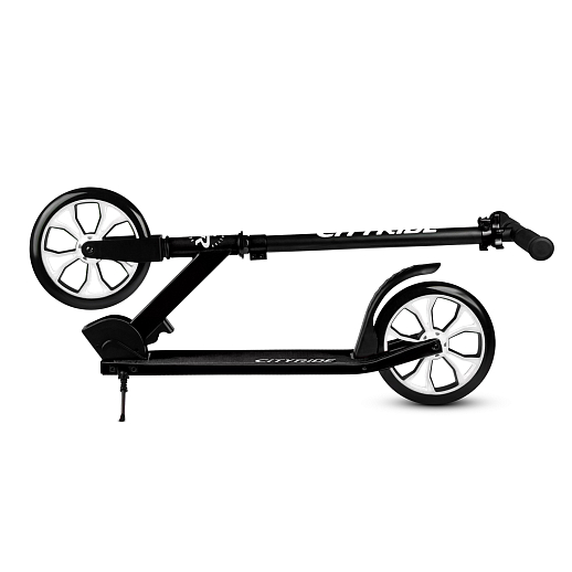 Двухколесный самокат CITYRIDE 200, ал. 50/50%, t-bar сталь, грипсы 135мм TPR, колеса PU 200/200, 86A, подножка, abec 9, черный в Джамбо Тойз #5