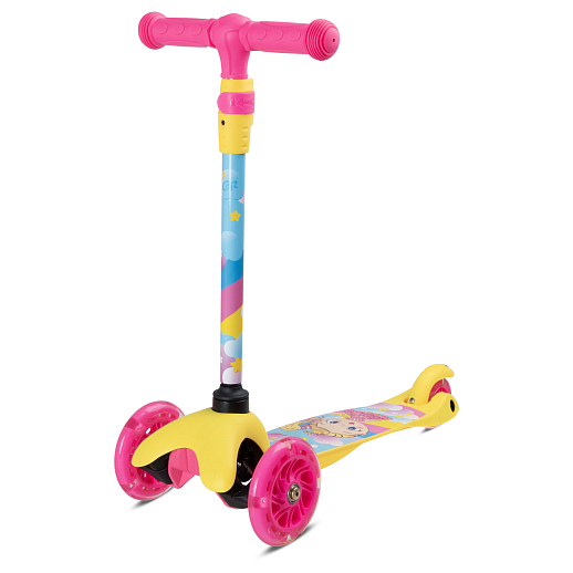 Трехколесный самокат "CITYRIDE" в/п, телескопический руль металл, колеса PU 120/76 со светодиодами, Abec-5, размер 53х23х70 см, до 35 кг, от 3 лет. Желтый с принтом. в Джамбо Тойз