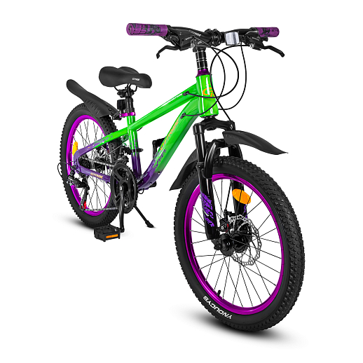 Велосипед двухколёсный CITYRIDE, модель CR-B2-12S, рама сталь, колеса 20" алюминиевые двойный обода, 21 скорость, амортизационная вилка, дисковые мех. тормоза, цвет зеленый-фиолетовый в Джамбо Тойз