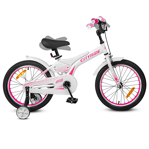 Детский велосипед "Cityride REVO", модель CR-B2-05, рама сталь, кожух цепи 100%, обода алюм. 18", втулки сталь, покрышки 2,125, страх. колеса, руль сталь. вынос сталь, задние ножные тормоза, передний клещевой, крылья пластик, отражатели пер/зад и на спицах, цвет белый розовый в Джамбо Тойз #9