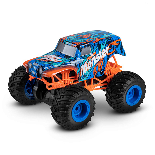 Р/у Монстр-трак, перевертыш, 1:16, 4WD, 3D подсветка корпуса, гироскоп: может ездить на двух колесах, звук.эффекты, цвет голубой с оранжевым, с аккум., в/к 24*20*26 см в Джамбо Тойз #15