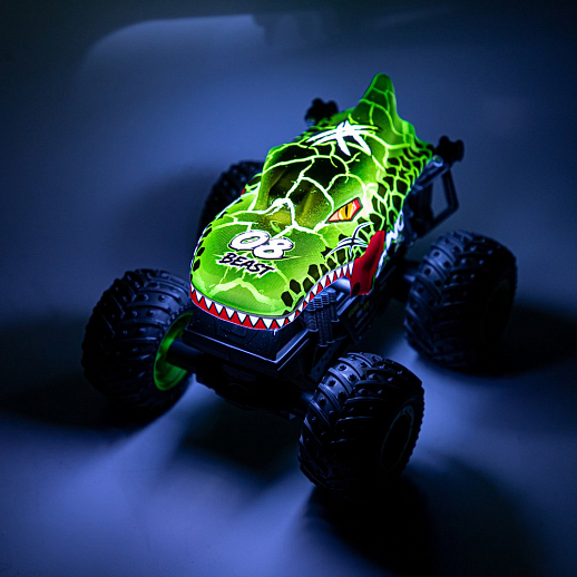 Р/у монстр-трак Динозавр, перевертыш, 1:20, 2.4GHz, 3D подсветка корпуса, музыка, демо-режим, цвет зеленый, с аккум.,  в/к 21,5*19*23 см в Джамбо Тойз #4