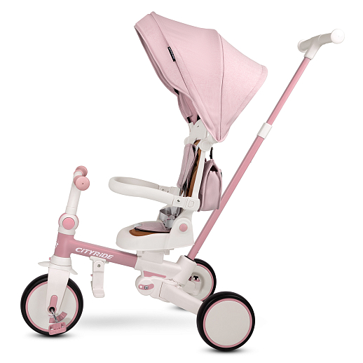 Детский трехколесный велосипед "CITYRIDE". Рама алюминий, может трансформироваться, подножки, колеса 8/7 EVA, капюшон, род. ручка, розовый в Джамбо Тойз #8