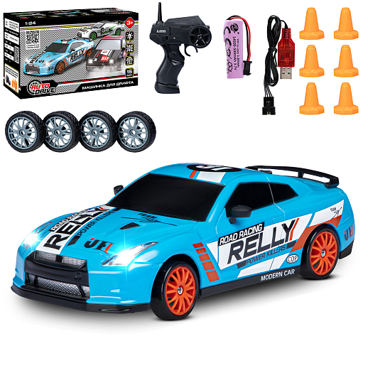 Машинка скоростная для дрифта на радиоуправлении AUTODRIVE, 1:24 2.4G, 4WD, 4 канала: вперед/назад, повороты, сменные шины, свет, с зарядкой, цвет голубой, в/к 24,1х10,3х23,7 см в Джамбо Тойз