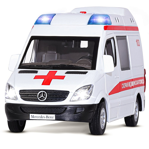ТМ "Автопанорама" Машинка металлическая 1:32 Mercedes Sprinter "Скорая помощь", белый, откр. передние, боковая и задние двери, свет, звук, инерция, в/к 17,5*13,5*9 см в Джамбо Тойз #5