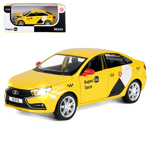 Машинка металлическая Яндекс Go, инерционная, коллекционная модель 1:24 LADA VESTA, цвет желтый, открываются 4 двери, капот, багажник, свет, звук, в/к 24,5*12,5*10,5 см в Джамбо Тойз