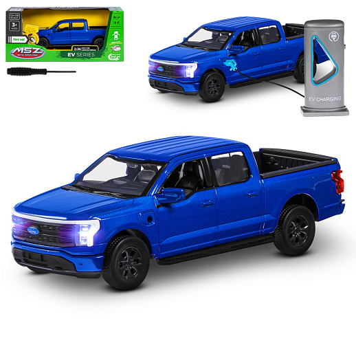 Машинка металлическая 1:36 Ford F-150 с зарядной станцией, синий, свет, звук, откр. двери и капот, инерция, в/к 20,6*9,*9 см в Джамбо Тойз