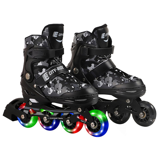 "CITY-RIDE" Роликовые коньки, PU колеса, все колеса светящиеся, подшипники ABEC 7,диаметр колес 64 мм,цвет серо-белый камуфляжный, в/к 5сл в Джамбо Тойз
