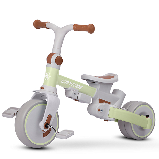 Детский трехколесный велосипед "CITYRIDE". Рама алюминий, может трансформироваться, подножки, колеса 8/7 EVA, капюшон, род. ручка,  зелено-серый в Джамбо Тойз #7