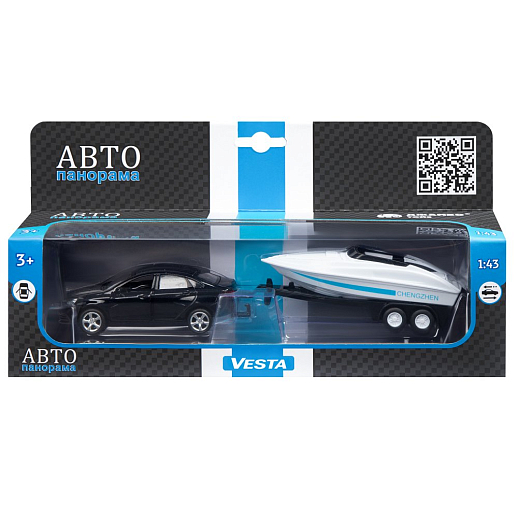 ТМ "Автопанорама" Машинка металлическая 1:43, LADA VESTA черная, откр. 2 двери., инерция + прицеп с катером в Джамбо Тойз #4