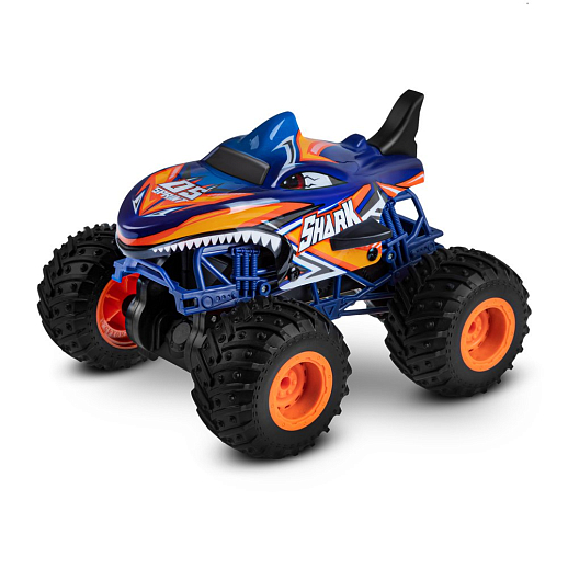 Р/у Монстр-трак Акула, перевертыш, 1:16, 4WD, 3D подсветка корпуса, гироскоп: может ездить на двух колесах, звук.эффекты, цвет голубой с оранжевым, с аккум., в/к 24*20*26 см в Джамбо Тойз #12