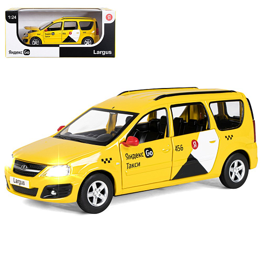 Машинка металлическая Яндекс Go, инерционная, коллекционная модель LADA LARGUS, масштаб 1:24, цвет желтый, открываются 4 двери, капот, багажник, свет, звук, в/к 24,5*12,5*10,5 см в Джамбо Тойз