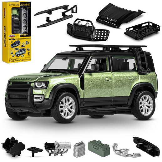 Машинка металлическая 1:43 2020 Land Rover Defender 110, зеленый, тюнинг, откр. двери, инерция, в/к 23,5*10*4 см в Джамбо Тойз