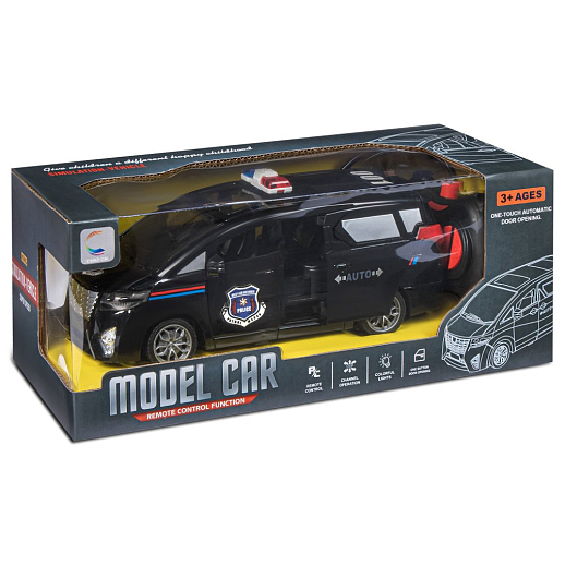 Р/у микроавтобус, двери-купе открываются с пульта, свет фар, передние двери/дверь багажника откр. вручную, цвет черный, Полиция, в/к 28*12*11см в Джамбо Тойз #3