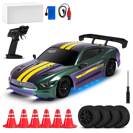 Р/у машина для дрифта М1:16,2.4GHz,4WD,сменные шины 4шт., конусы 4шт.,свет,с аккум.,цвет хамелеон,в/к 34*12,6*18,8см в Джамбо Тойз