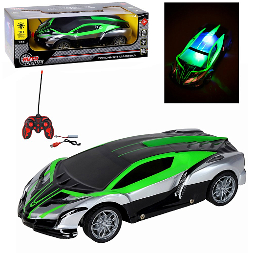 Р/У AUTODRIVE Машина с 3D подсветкой корпуса/пульта,М1:14, 4 канала,с аккум.,цв.зелён.,в/к 34*14,5*12см в Джамбо Тойз
