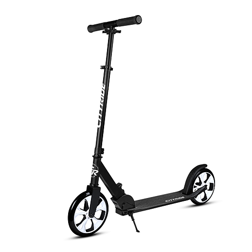 Двухколесный самокат CITYRIDE 200, ал. 50/50%, t-bar сталь, грипсы 135мм TPR, колеса PU 200/200, 86A, подножка, abec 9, черный в Джамбо Тойз #2