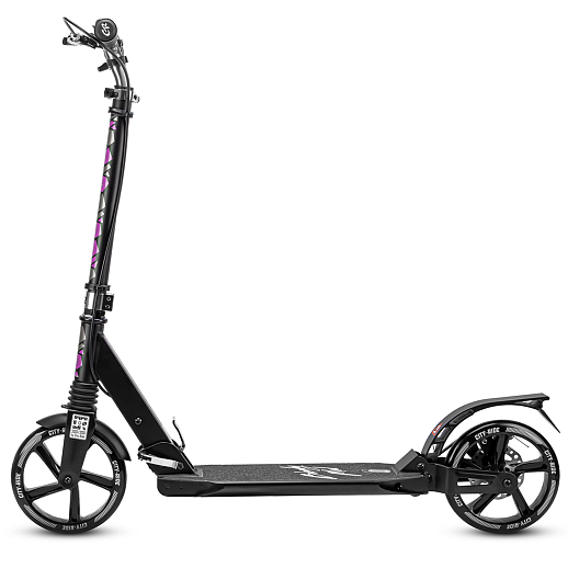 Двухколесный самокат CITYRIDE 200, 100% алюм., диск.тормоз. Дека: 46,5*13,5 см., руль: 90,5-105,5 см. Подножка. Аморт. передний/задний. Колеса PU 200/200 мм. Подшипники: Abec-9. Грипсы: резина. Хомуты хром, замок на руле. Ручной дисковый задний тормоз. в Джамбо Тойз #2