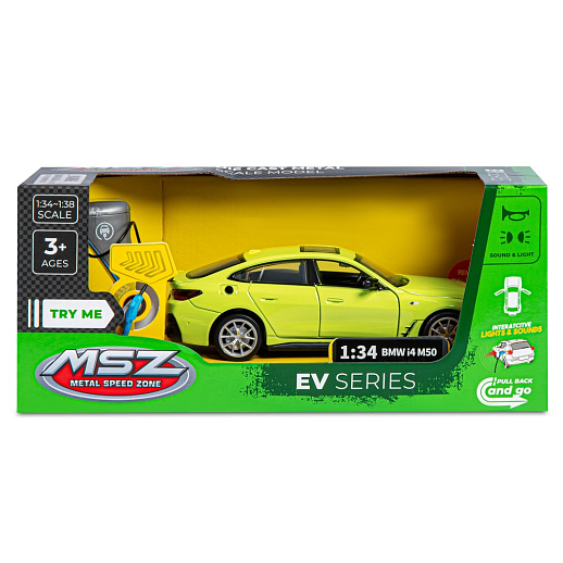 Машинка металлическая 1:34 BMW I4 M50 с зарядной станцией, желтый, свет, звук, откр. двери и капот, инерция, в/к 20,6*9,*9 см в Джамбо Тойз #16
